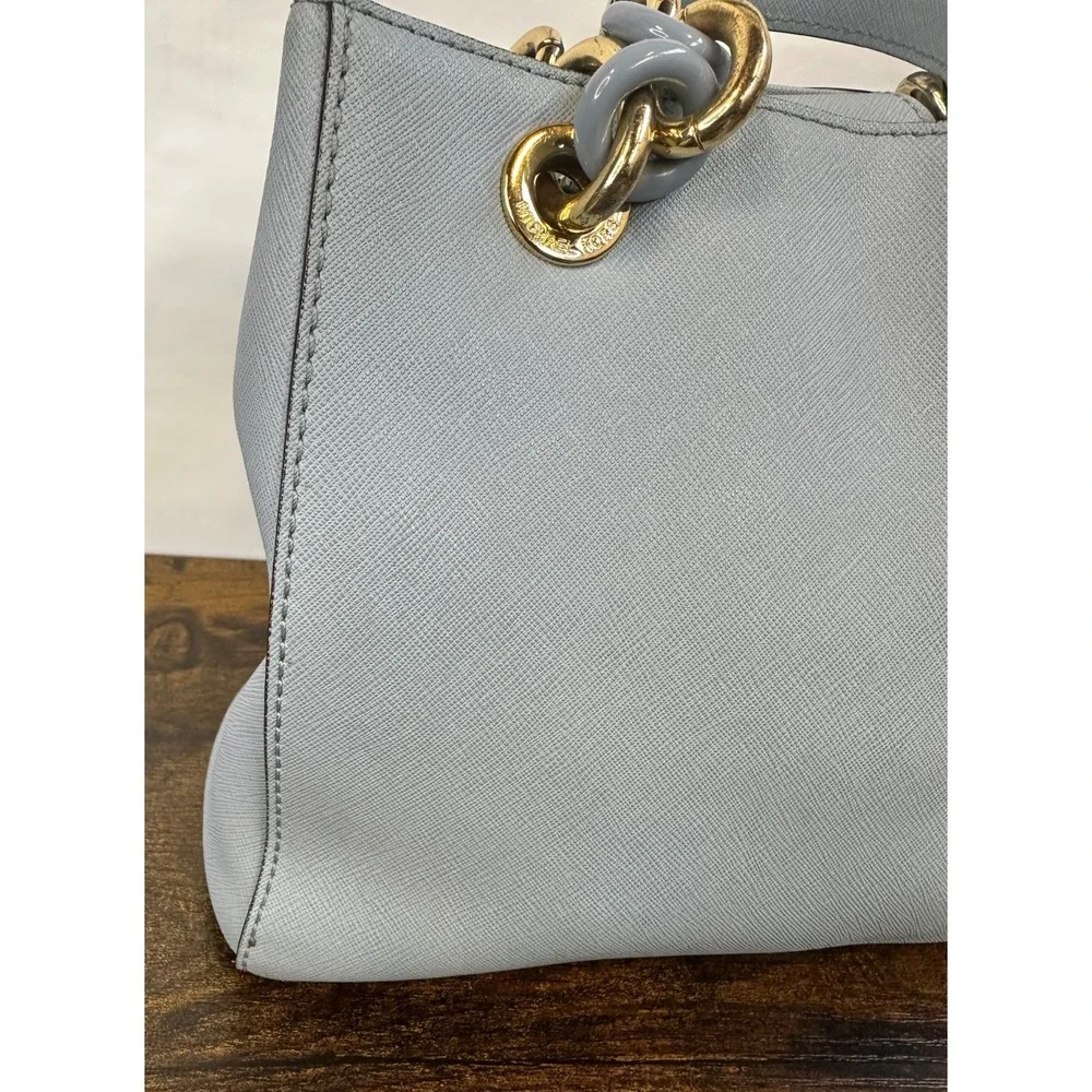 Michael Kors Cynthia Satchel Pale Blue Saffiano Leather Chain Handle Handbag